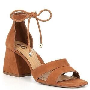 GB Gianni Bini Late-Nite Camel Brown Suede Ankle Tie Block Heel Sandals